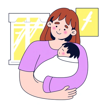 A mother cradling her newborn against her chest in a warm embrace. The mother has long brown hair and a gentle expression, wearing a hospital gown. The newborn, swaddled in a soft white blanket, has their eyes closed and is nestled peacefully against the mother's skin. Soft golden light filters through the window, casting a warm glow on the scene, highlighting the tender connection between them. The background is minimal, focusing on the intimate moment shared between mother and child.