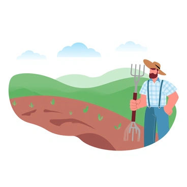 A farmer is standing in the foreground of a vast piece of farmland. The farmer is wearing a straw hat and a plaid shirt, holding a pitchfork in one hand. The farmland stretches out in front of him, with freshly tilled soil and rows of crops beginning to sprout. In the background, there are rolling hills covered in lush green grass, gently sloping under a clear sky. The hills display various shades of green, creating a tranquil scene. A few fluffy clouds drift across the sky, adding a sense of depth to the landscape.