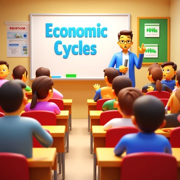 A classroom filled with students sitting at desks, listening attentively to a teacher at the front. The teacher is standing beside a whiteboard that displays "Economic Cycles" in bold letters. Some students are taking notes while others are raising their hands to ask questions. The room is decorated with posters about "Freedom" and "Economics" on the walls. Sunlight streams through the windows, casting a warm glow on the scene. A variety of student expressions show engagement and curiosity as they learn about these concepts.