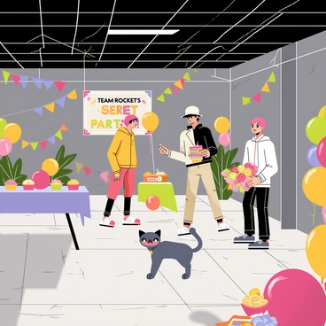 A large, dimly lit abandoned warehouse with high ceilings and cracked concrete floors. In the center, Team Rocket members, consisting of a tall man with a black hair and a woman with short pink hair, are setting up colorful banners and balloons. The man is holding a stack of bright red and white party hats while the woman is hanging streamers from the overhead beams. Various tables are set up with snacks, including trays of colorful cupcakes and bowls of chips. In one corner, a small boombox plays music. A mischievous Meowth is sneaking a cupcake from the table, while a large poster with "Team Rocket's Secret Party!" is prominently displayed on the wall.