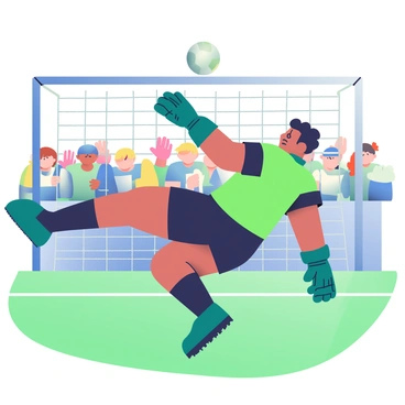 A goalkeeper with short curly dark hair is diving to the left, stretching out his right arm to block a fast-moving soccer ball headed towards the goal. He is wearing a bright green jersey and matching gloves, with black shorts and socks. His facial expression is intense and focused as he prepares to make the save. In the background, a blurred crowd of fans wearing various team colors is standing in anticipation, some with their hands raised. The soccer field is vividly green, marked with white lines, and the goalpost is clearly visible behind the goalkeeper.