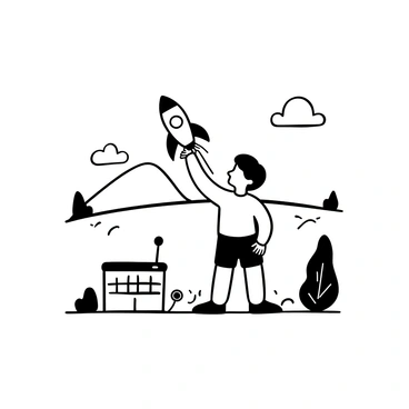 A boy in a t-shirt and shorts stands in an open field, holding a small model rocket above his head, preparing to launch it. The model rocket is detailed with fins and a pointed nose. There is a launch pad set up on the grass, connected by wires to a countdown timer positioned on the ground nearby. The sky is clear with a few scattered clouds, creating a sense of openness. In the background, there are distant hills and a few trees lining the edge of the field.