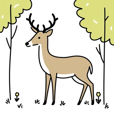 A male roe deer with impressive antlers is standing in a forest glade. The deer has a sleek, brown coat with a white patch on its throat. Surrounding the deer are tall trees with green leaves filtering soft sunlight onto the ground. The ground is covered with a mix of grass and fallen leaves. The deer is positioned gracefully, with its head held high, looking alert, while a few wildflowers in the foreground add color to the scene.