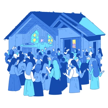 A blue rustic church with wooden beams and a thatched roof is filled with a congregation. The people, dressed in various traditional outfits, are standing together, singing hymns with joy and reverence. Some of them are holding hymn books, while others raise their hands in worship. Sunlight streams through stained glass windows, casting colorful reflections inside the church. In the background, a wooden altar decorated with flowers adds a sense of warmth to the scene.