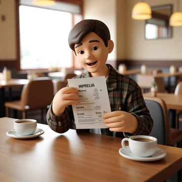 A diner with short brown hair and wearing a plaid shirt is seated at a wooden table in a cozy restaurant. In one hand, they are holding a detailed restaurant bill that has various items listed with prices. On the table, there is also a steaming cup of coffee, with a small saucer beneath it. The diner has a content expression on their face as they glance at the bill, enjoying the warm atmosphere of the diner. The background features checkered tablecloths and soft lighting that creates a welcoming environment.