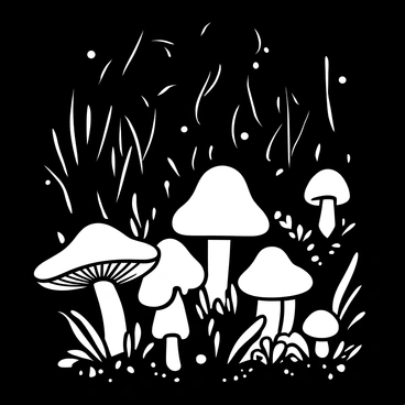 A cluster of bioluminescent mushrooms with various shapes and sizes is depicted, each emitting a soft glow in shades of white. The mushrooms are surrounded by darkened foliage and the textured ground of the rainforest understory, with small leaves and twigs scattered around. In the background, tall plants and tree trunks create a dense atmosphere, while faint outlines of additional mushrooms can be seen in the shadows. The overall composition highlights the enchanting effect of the glowing mushrooms against the dark environment.