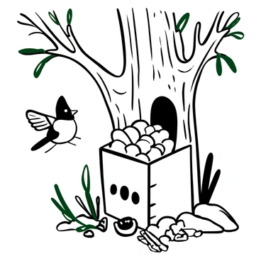 A great tit entering a cozy nest box with the entrance slightly ajar. Twigs and soft nesting materials are scattered around the base of the nest box. The nest box is attached to a tree, with textured bark visible on the trunk. Nearby, there are green leaves and branches framing the scene, adding to the natural setting. The great tit is in mid-flight, its wings spread wide as it approaches the entrance.