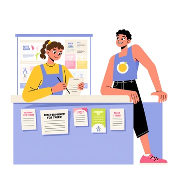 Two friends are standing at a gym signup desk. One friend, with curly brown hair tied back, is actively filling out a "refer-a-friend" form. The other friend, with short black hair and wearing a blue tank top, is leaning on the counter, smiling encouragingly. The desk is adorned with colorful promotional flyers about various gym memberships. Behind the desk, a poster displaying fitness classes and a vibrant logo of the gym can be seen.
