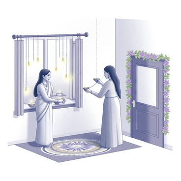 A Maharashtrian couple is engaged in decorating their home for Diwali. The man and woman are placing intricate "diyas" along the windowsills, each "diya" made of clay with a small wick. Strings of lights are being hung from the ceiling, with the woman holding one end while the man stands on a ladder, securing the other end. The couple is dressed in traditional attire, with the woman wearing a "nauvari" saree and the man in a "kurta" and "dhoti". The room is filled with decorative elements, including colorful rangoli patterns on the floor and garlands of flowers adorning the door frames.