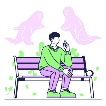 A person is sitting on a park bench, deep in thought, with a furrowed brow and clasped hands. The individual is dressed in casual attire, wearing a knitted sweater and jeans. Behind this person, two ghostly figures are hovering, facing each other. The figures have ethereal, smoky forms and are engaged in a silent argument, with their arms gesturing as if they are passionately expressing their viewpoints. The park setting includes trees in the background, and a few scattered leaves on the ground, indicating a calm autumn day.