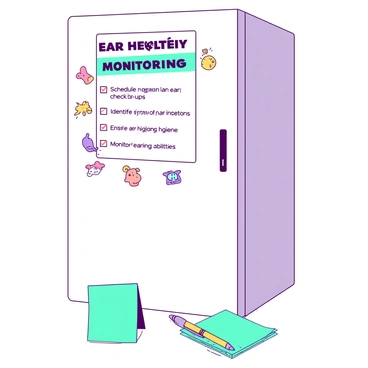 A white refrigerator with a colorful checklist for parents prominently displayed on the front. The checklist is organized into sections, each labeled with "Ear Health Monitoring" in bold letters at the top. Each item on the checklist is written in black text with checkboxes next to them. The items include "Schedule regular ear check-ups," "Identify signs of ear infections," "Ensure ear hygiene," and "Monitor hearing abilities." Around the checklist, there are colorful magnets holding it in place with various playful designs, such as animals and stars. A small teal notepad and a yellow pen are placed next to the checklist for parents to jot down notes or reminders.