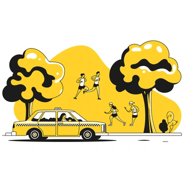 A taxi driving along the edge of Central Park with trees and joggers in the background