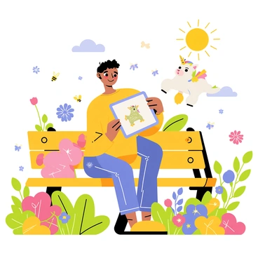 A person sitting on a wooden bench in a vibrant garden filled with colorful flowers and green foliage. The person holds a tablet displaying various augmented reality creatures, such as a small dragon with sparkling scales and a fluffy unicorn with a rainbow mane. The creatures appear to be hovering above the tablet screen, with a bright sun shining in the blue sky above. Bees and butterflies flutter around the flowers, adding life to the tranquil garden scene.