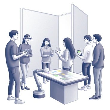 Young adults exploring innovative gadgets at a technology expo