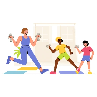 A parent with short brown hair wearing a blue tank top and matching workout pants is exercising with a pair of shiny silver dumbbells in each hand. The parent is in a lunging position, demonstrating proper form. Nearby, two children are mimicking the parent's movements; one child has curly blonde hair and is wearing a yellow t-shirt and green shorts, while the other child has straight black hair, dressed in a red shirt and blue shorts. They are both smiling and focusing on their exercise, creating a lively atmosphere in the scene. The background features a bright and cheerful room with colorful mats on the floor.