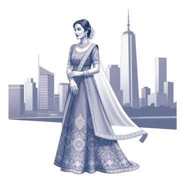 An Indian bride standing gracefully in the foreground. She is adorned in an intricate traditional bridal outfit, featuring elaborate embroidery and elaborate jewelry, including a maang tikka and bangles. Her hair is elegantly styled, with floral decorations woven throughout. In the background, a bustling urban cityscape is visible, showcasing a mix of tall skyscrapers and contemporary buildings. The contrast between the bride's traditional attire and the modern architecture enhances the fusion of tradition with modernity. The scene captures the harmonious coexistence of cultural heritage and urban life.