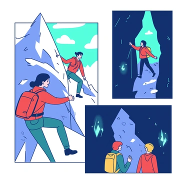 A group of four adventurers is depicted in various illustrated scenes showcasing their explorations. In one scene, two climbers are ascending a steep mountain, their faces determined as they navigate rocky terrain. One climber, wearing a red jacket, is reaching for a handhold, while the other, dressed in teal, is securing a rope. In another scene, two explorers are entering a dark cave, equipped with headlamps illuminating the cavern walls. The walls inside the cave are adorned with glistening crystals reflecting the light. The adventurers carry backpacks and climbing gear, highlighting their readiness for the challenges ahead.