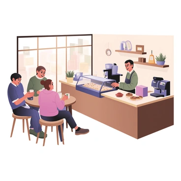 A digital flat illustration of a cozy coffee shop interior filled with customers. On the left, a group of three customers are seated at a round table, laughing and chatting, one of them is holding a coffee cup. To the right, a barista with brown hair tied in a bun is behind the counter, wearing an apron, and preparing a drink using an espresso machine. Another barista, with short black hair, is arranging pastries in a display case. The walls are adorned with colorful art, and there are plants on the windowsills. Sunlight streams in through large windows, casting warm light across the scene.