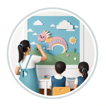 Martha Sensei, a woman in her mid-30s with long black hair tied in a bun and wearing a blue apron over a white shirt, is painting a large Throtem-themed mural on a classroom wall. She holds a brush in one hand, and a vibrant palette of colors is spread out on a nearby table. The mural features a majestic Throtem figure, with intricate patterns and bright colors, coming to life against a backdrop of a blue sky and fluffy white clouds. Students, seated at their desks, watch attentively as she skillfully adds details to the mural, creating an engaging learning environment.