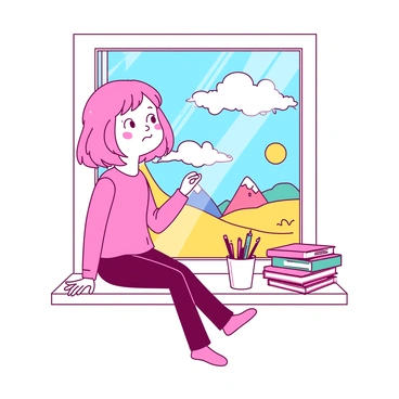A pink-haired girl named "Tracy Beaker" is sitting on a white windowsill. She has a dreamy expression on her face, gazing outside. In the background, sunlight streams through the window, casting warm shadows in the room. Next to her, there is a small stack of colorful books and a cup filled with pencils. Beyond the window, a vibrant scene unfolds with clouds shaped like fantastical creatures and distant mountains. Tracy’s fingers gently trace the window frame as she imagines her adventures.