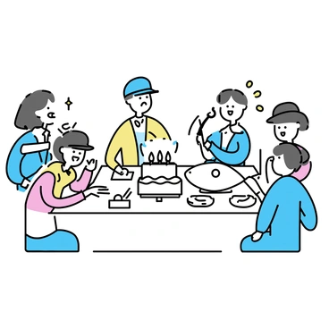 A dinner table is set for a 'murder mystery' party, adorned with a white tablecloth and blue napkins. On the table, there are various dishes featuring cod fish, including a platter of baked cod fillets and a bowl of cod chowder. Guests are seated around the table, each wearing playful detective hats. One man, with a magnifying glass in hand, looks suspiciously at a woman beside him who is playfully pointing at a cod fish centerpiece. Another woman across the table is holding a notepad, taking notes on the fish dishes. A large fish-shaped cake sits at the center of the table, decorated with icing that resembles scales. The atmosphere is lively, with laughter and playful expressions among the guests.