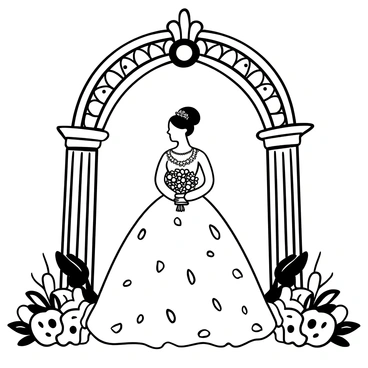 A bride dressed in an elaborate wedding gown with intricate lace and beadwork, holding a bouquet of flowers. She stands gracefully in a pose that suggests elegance and poise. The backdrop features a beautifully designed arch adorned with ornamental details, creating a striking visual contrast. The scene is filled with decorative elements such as ribbons and floral arrangements framing the bride, enhancing the overall composition.