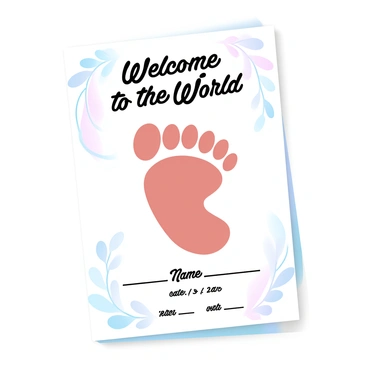 A baby announcement card prominently features a "tiny footprint" illustration at the center. The card has a soft, gradient pastel background that transitions smoothly between light pink and pale blue hues. The words "Welcome to the World" are elegantly displayed in a decorative font above the footprint. Below the footprint, there is space to add the baby's name, date of birth, and weight, all framed by delicate floral elements in subtle pastel colors. The overall composition of the card is balanced and inviting, designed to evoke joy and celebration.