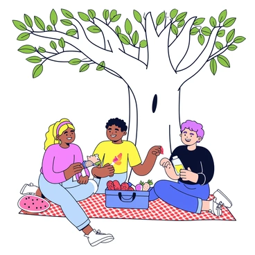 Three friends sitting on a red and white checkered picnic blanket beneath a large oak tree with a thick trunk and sprawling branches. One friend is holding a sandwich, another is pouring juice from a thermos, and the third is laughing with a slice of watermelon in hand. The picnic basket, filled with fruits and snacks, is placed beside them. Sunlight filters through the leaves, casting dappled shadows on the blanket.