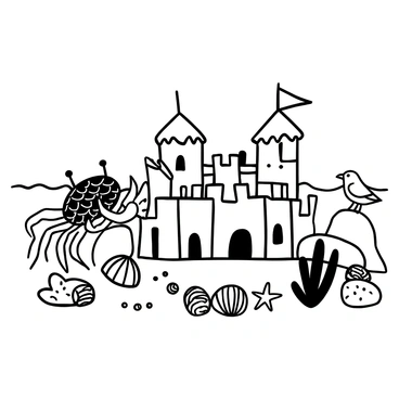 A crab with detailed shell patterns is engaged in building an intricate sandcastle, carefully crafting towers and walls with its claws. Around the crab, various beach creatures are observing; a small seagull stands on a nearby rock, a group of colorful seashells scattered in front of it, while a starfish is positioned close to the base of the sandcastle. The scene features fine details of grains of sand being sculpted and the textures of the various beach creatures. In the background, gentle waves can be seen lapping against the shore.