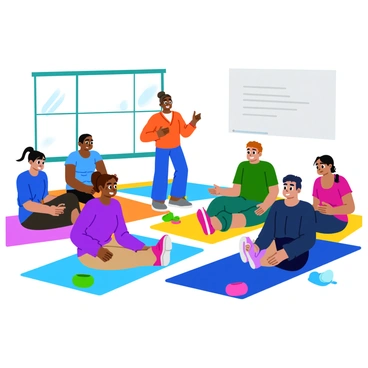 A small classroom filled with bright colors, where five individuals are sitting on yoga mats in a circle. Each person is focused and engaged, following the instructor's guidance. The instructor stands in the center, demonstrating the Kegel exercises with clear gestures. The participants include two women and three men of diverse ethnic backgrounds, all wearing comfortable athletic clothing. There are exercise props like small balls and resistance bands scattered around. A large window lets in natural light, illuminating the scene, and a whiteboard with exercise instructions is visible in the background.