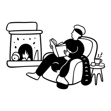 A person sitting comfortably in an armchair, holding an open book with both hands. A cat is curled up on their lap, appearing relaxed and content. There is a warm fireplace nearby, with flames flickering and several logs stacked beside it. A cozy blanket is draped over one arm of the chair, and a small table beside the chair holds a steaming cup of tea. The scene conveys a feeling of warmth and tranquility.