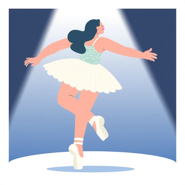A ballerina with fair skin and long, flowing dark hair is performing a graceful twirl on a stage. She is wearing a delicate white tutu adorned with shimmering sequins and a fitted bodice that accentuates her movement. The spotlight above illuminates her, casting a soft glow on her figure as she spins. Her arms are elegantly extended, and her pointed toes are poised perfectly in her ballet shoes. The stage has a dark background, emphasizing the ballerina's presence in the spotlight.