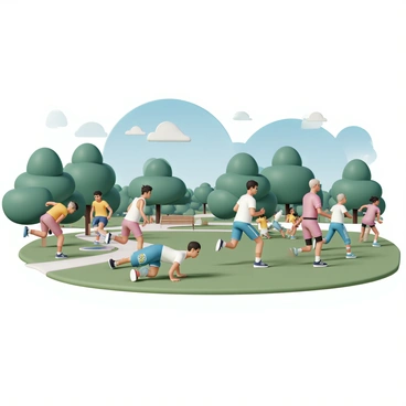 A diverse group performing an outdoor circuit training workout in a city park.