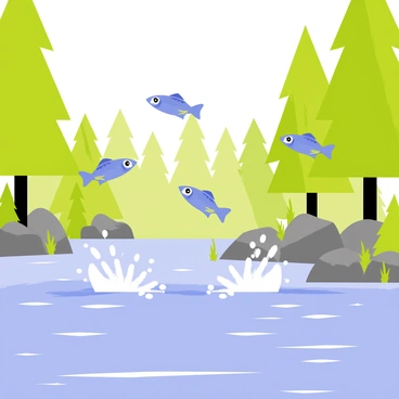 A flowing river with clear blue water splashing as several fish leap above the surface. Each fish is detailed with shiny scales and streamlined bodies. In the background, a lush green forest with tall trees creates a scenic backdrop, with sunlight filtering through the leaves. The riverbank is dotted with rocks and gentle greenery, enhancing the vibrant natural setting.