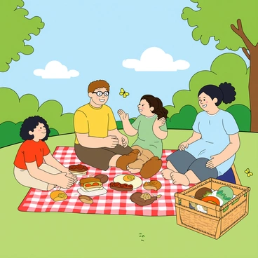 A family of flat-faced characters sitting on a large, checkered picnic blanket spread out on green grass. The characters include two adults, one with wavy brown hair and glasses, wearing a bright yellow shirt, and the other with straight black hair in a ponytail, dressed in a light blue dress. They are smiling and enjoying the warm sunshine. There are two children, one with short curly hair in a red t-shirt and the other with braids wearing a green cap. A wicker picnic basket is open, revealing delicious treats like sandwiches, fruits, and snacks. A few butterflies flutter around, adding liveliness to the scene. In the background, there are trees with green leaves and fluffy white clouds in the blue sky, enhancing the cheerful atmosphere.