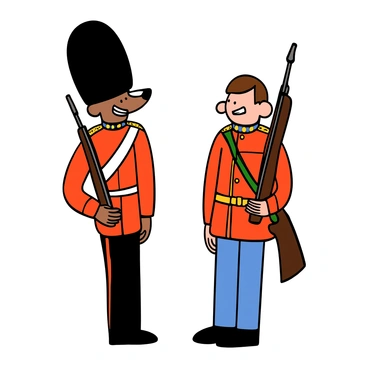 Two guardsmen with light skin wearing traditional ceremonial uniforms stand at attention during a changing of the guard. The first guardsman has a tall black bearskin hat and is looking sideways, exchanging a cunning glance with the second guardsman, who has short brown hair and a serious expression. The uniforms are adorned with bright red and gold details, and they both are holding their rifles at their sides. The scene captures the moment of transition in a grand, historic setting.