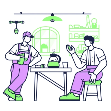 Two mechanics are sitting in a cozy corner of a garage, enjoying a coffee break. One mechanic with a cap is holding a cup while leaning against a workbench, surrounded by various tools such as wrenches and screwdrivers. The other mechanic, wearing a work shirt, is seated on a stool, smiling and holding a sandwich in his hand. Behind them, there are shelves filled with spare parts and equipment. A small window lets in natural light, illuminating the space and casting gentle shadows. A coffee pot sits on the workbench, steam rising from it, adding warmth to the scene.