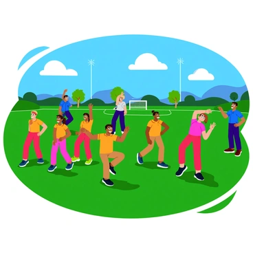 A group of athletes in matching uniforms is warming up on a green sports field. They are performing standing side crunches, with each athlete leaning to the side while lifting one arm overhead. The sun is shining brightly, casting shadows on the grass. The team is diverse, including both males and females of various heights and builds. Coaches are observing from the sidelines, encouraging the athletes. There are goalposts in the background, and a bright blue sky with a few fluffy clouds above.