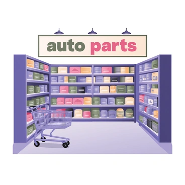 A digital flat illustration showing a well-organized auto parts store interior. On the left, there are tall shelves filled with various car parts including "engine components," "brake pads," and "filters," all labeled clearly. The shelves on the right feature an array of "car accessories" such as "steering wheel covers," "floor mats," and "seat cushions." A large banner overhead displays the words "auto parts" in bold letters. The flooring is a light gray color, and bright overhead lights illuminate the shelves, highlighting the products. A shopping cart is positioned in the foreground, partially filled with items.