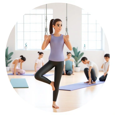 A yoga instructor, wearing a fitted purple tank top and black leggings, demonstrates inverted rows using a suspension trainer. The instructor has long brown hair tied back in a ponytail and maintains a focused expression. The studio features light wooden floors and large windows allowing natural light to fill the space. There are a few yoga mats neatly arranged on the floor, and soft potted plants are placed in the corners. Students in the class are following along, some adjusting their postures, while others watch the instructor intently. The atmosphere appears serene and focused, enhancing the overall experience of the fitness class.