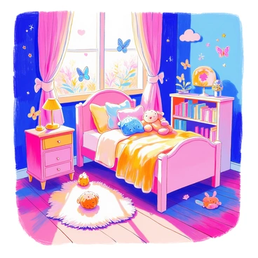 A sleepy child's bedroom features a small bed with colorful bedding and plush toys scattered around. Soft sunlight pours through sheer curtains, creating gentle shadows on the wooden floor. Butterflies in various colors and patterns, such as blue and orange, float gracefully around the room. A nightstand holds a small lamp shaped like an animal, and there’s a bookshelf filled with storybooks. A fluffy rug lies beneath the bed, enhancing the cozy atmosphere. The walls are decorated with whimsical murals of clouds and stars.