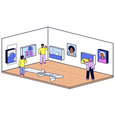 A spacious gallery room with white walls and polished wooden flooring. The room is filled with large screens mounted on the walls, each displaying vibrant digital illustrations. Some screens showcase colorful abstract designs, while others feature detailed character art and landscapes. In the center of the room, there are sleek benches for visitors to sit and enjoy the artwork. Soft lighting highlights each screen, creating a bright and inviting atmosphere. A few visitors are browsing the room, admiring the diverse range of digital illustrations.