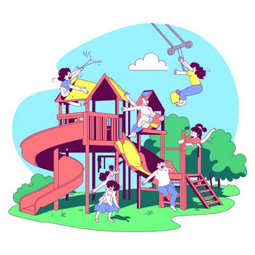 A group of children are laughing joyfully while climbing on a vibrant playground filled with various play structures. There are bright, multicolored slides spiraling down from high platforms, and swings are hanging from sturdy frames, with some children soaring back and forth. The playground is surrounded by green grass and trees, and the sky above is clear and blue, creating an energetic and playful atmosphere.
