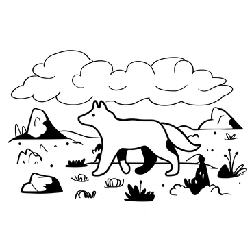 A grey wolf walking steadily across rugged, rocky terrain. The wolf has a thick coat with a mix of fur textures, and its posture is alert as it moves. The ground is uneven, with sharp rocks and patches of sparse vegetation scattered throughout. In the background, a grey, overcast sky looms, with clouds forming a dense layer that appears heavy and textured. The atmosphere is one of stark wilderness, with the landscape stretching out into the distance, providing a sense of scale and isolation.