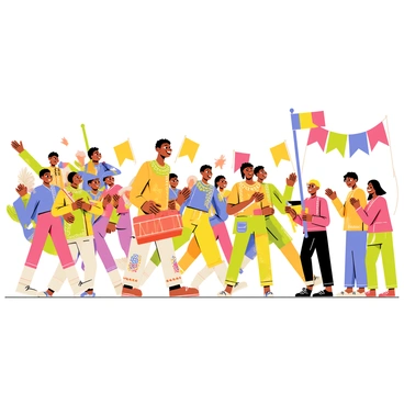 A grand parade with "Maveli" at the front, wearing a colorful traditional outfit adorned with intricate patterns. He is smiling and waving, leading a vibrant procession. Behind him, a group of "dancers" in bright costumes are performing lively moves, their expressions filled with joy. Several "musicians" are playing various instruments, including drums and flutes, adding rhythm to the celebration. Colorful banners and flags are waving in the breeze, and the streets are lined with excited "onlookers" cheering and clapping, creating a festive atmosphere.