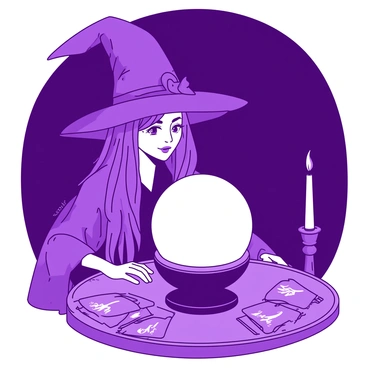 A purple witch with long flowing hair is standing in a dimly lit room, gazing intently into a large crystal ball resting on an ornate wooden table. The crystal ball glows softly, illuminating her focused expression. Surrounding the ball are scattered tarot cards and flickering candles that cast dancing shadows on the walls. The witch's pointed hat adds to her mystical appearance as she leans closer, her hands gracefully positioned on the table. In her eyes, there is a hint of wonder and anticipation as she visualizes the future.