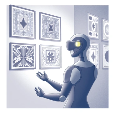An AI exploring different cultures through art, displaying traditional art pieces on digital screens.