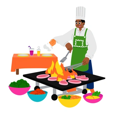 A chef with a tall white hat and a checkered apron is grilling thick cuts of meat over a bright open fire at an outdoor barbecue. The fire is crackling, sending up sparks, and the meat is sizzling as it cooks, releasing savory juices. The chef is using a pair of long, metal tongs to expertly turn the pieces of meat, ensuring they are evenly cooked. Surrounding the barbecue, there are colorful bowls filled with fresh vegetables and condiments like ketchup and mustard. A picnic table in the background is set with plates and drinks, completing the vibrant outdoor scene.