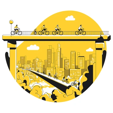 A high bike highway elevated above the ground, with cyclists riding along the path. The cyclists wear helmets and casual athletic clothing, some biking fast while others take a more leisurely pace. Below the bike highway, a sprawling urban landscape is visible, filled with tall buildings and busy streets. A few trees and small parks can be seen integrated into the cityscape. The sky above is clear, allowing for a bright view of the city beneath.