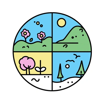 A four-part illustration of Earth divided into four quadrants. The top left quadrant represents "spring," featuring blooming flowers, green grass, and trees with fresh leaves. The top right quadrant represents "summer," showcasing a bright sun, a clear blue sky, and lush green landscapes. The bottom left quadrant represents "autumn," displaying trees with orange and yellow leaves, scattered foliage on the ground, and a cooler atmosphere. The bottom right quadrant represents "winter," depicting snow-covered ground, bare trees, and softly falling snowflakes.
